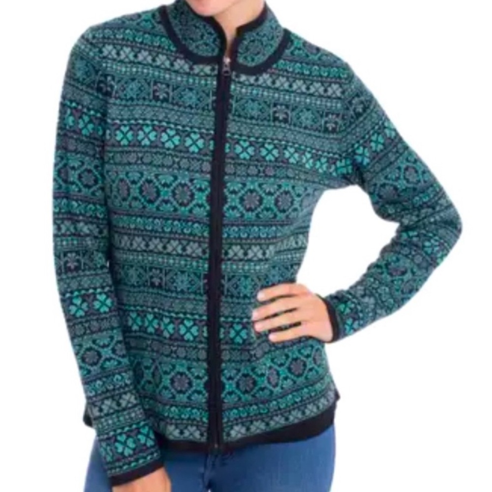Alpaca Imports Alpaca Wool Zip cardigan sweater Made Peru black Teal fair isle